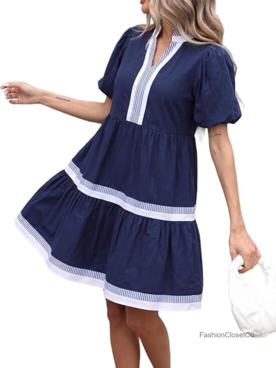 Dresses & Skirts - Puff Sleeve Babydoll Dress V Neck Striped Tiered Mini Dress
